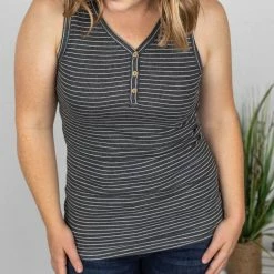 Michelle Mae Addison Henley Tank - Charcoal W/White Stripes SHORT SLEEVES