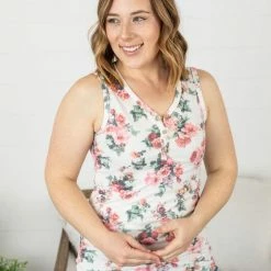 Michelle Mae SHORT SLEEVES Addison Henley Tank - White W/ Pink Floral