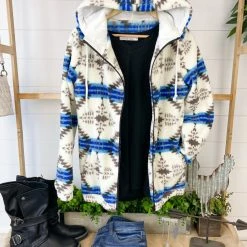 Michelle Mae Sherpa Fullzip Hoodie - Blue Aztec LONG SLEEVES