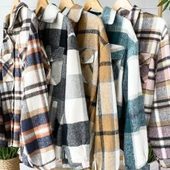 Michelle Mae Molly Plaid Shacket - Navy, Brown, And Orange LONG SLEEVES