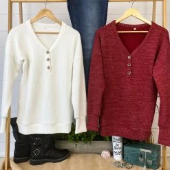 Michelle Mae Brittney Button Sweater - White LONG SLEEVES