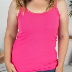 Michelle Mae SHORT SLEEVES Lexi Lace Tank - Hot Pink