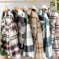 Michelle Mae Molly Plaid Shacket - Navy, Brown, And Orange LONG SLEEVES