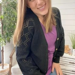 Michelle Mae Beverly Button Cardigan - Black LONG SLEEVES