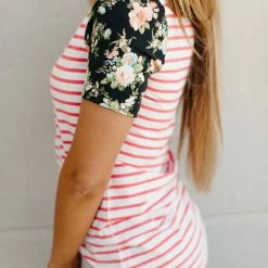 Ampersand Avenue SHORT SLEEVES Lulu Tee- Coral Stripe & Floral Accent