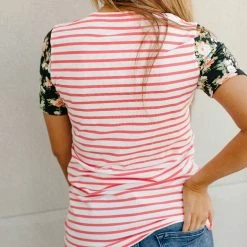 Ampersand Avenue SHORT SLEEVES Lulu Tee- Coral Stripe & Floral Accent