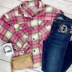Michelle Mae LONG SLEEVES Molly Plaid Shacket - Pink And Tan
