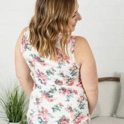 Michelle Mae SHORT SLEEVES Addison Henley Tank - White W/ Pink Floral