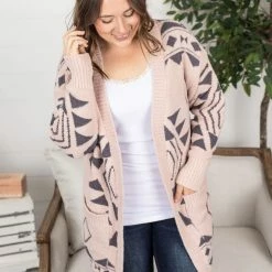 Michelle Mae Cozy Aztec Cardigan - Blush And Charcoal LONG SLEEVES