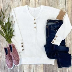 Michelle Mae Brittney Button Sweater - White LONG SLEEVES