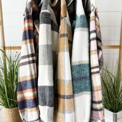 Michelle Mae Molly Plaid Shacket - Navy, Brown, And Orange LONG SLEEVES