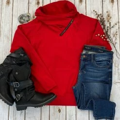 Michelle Mae Classic ZipCowl Sweatshirt - Red LONG SLEEVES