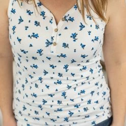 Michelle Mae Addison Henley Tank - Micro Blue Floral SHORT SLEEVES