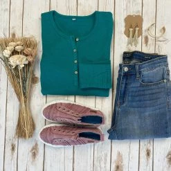 Michelle Mae LONG SLEEVES Harper Long Sleeve Henley - Teal