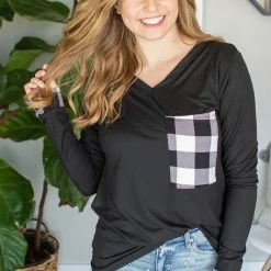 Rogue Society Apparel® LONG SLEEVES Buffalo Plaid Pocket Tee | Black And White Buffalo