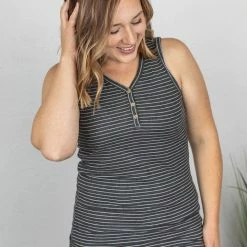Michelle Mae Addison Henley Tank - Charcoal W/White Stripes SHORT SLEEVES