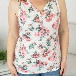 Michelle Mae SHORT SLEEVES Addison Henley Tank - White W/ Pink Floral