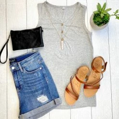Michelle Mae Addison Henley Tank - Light Grey SHORT SLEEVES