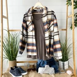 Michelle Mae Molly Plaid Shacket - Navy, Brown, And Orange LONG SLEEVES