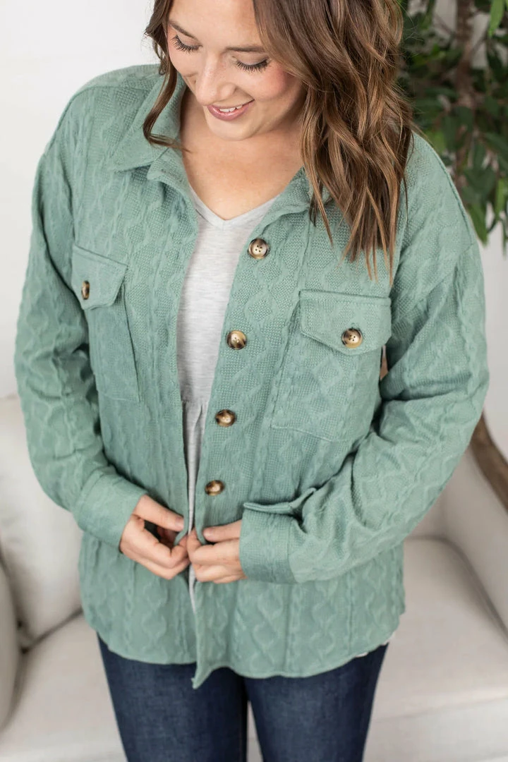 Budget π Michelle Mae LONG SLEEVES Cable Knit Jacket - Sage 𧨠3 Michelle Mae LONG SLEEVES Cable Knit Jacket - Sage