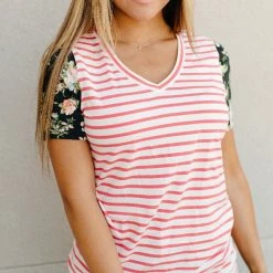 Ampersand Avenue SHORT SLEEVES Lulu Tee- Coral Stripe & Floral Accent