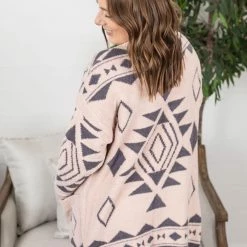 Michelle Mae Cozy Aztec Cardigan - Blush And Charcoal LONG SLEEVES