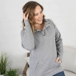 Michelle Mae LONG SLEEVES Quilted Button Snap Pullover - Grey