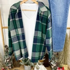 Michelle Mae LONG SLEEVES Lucy Plaid Shacket - Navy And Green Plaid