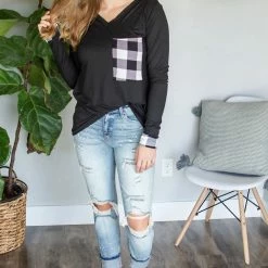 Rogue Society Apparel® LONG SLEEVES Buffalo Plaid Pocket Tee | Black And White Buffalo