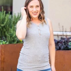Michelle Mae Addison Henley Tank - Light Grey SHORT SLEEVES