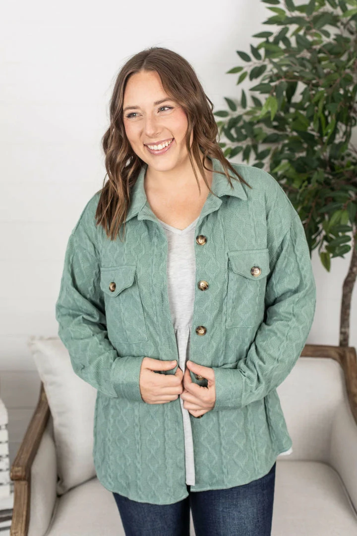 Budget π Michelle Mae LONG SLEEVES Cable Knit Jacket - Sage 𧨠2 Michelle Mae LONG SLEEVES Cable Knit Jacket - Sage