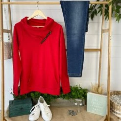 Michelle Mae Classic ZipCowl Sweatshirt - Red LONG SLEEVES