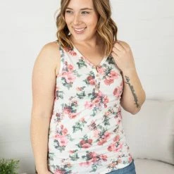 Michelle Mae SHORT SLEEVES Addison Henley Tank - White W/ Pink Floral