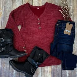 Michelle Mae LONG SLEEVES Brittney Button Sweater - Berry