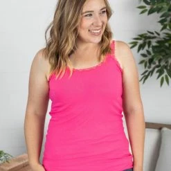 Michelle Mae SHORT SLEEVES Lexi Lace Tank - Hot Pink