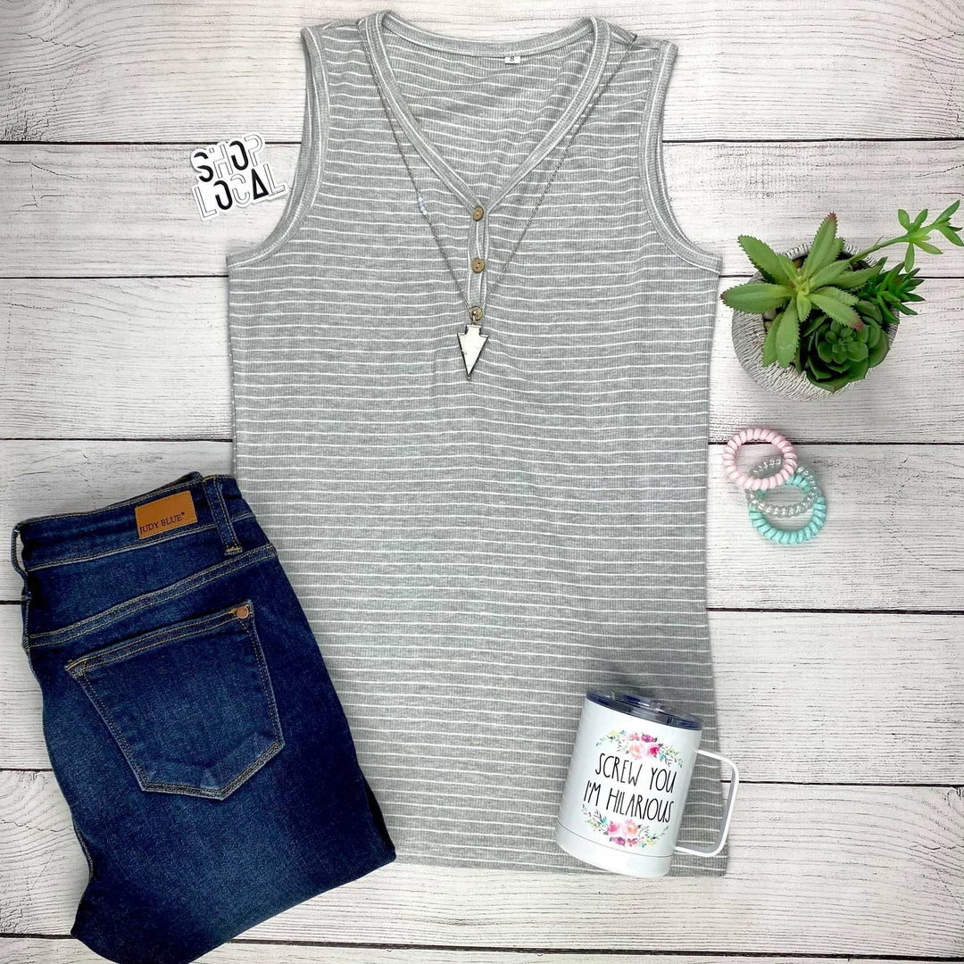 Deals π Michelle Mae Addison Henley Tank - Grey And White Stripes SHORT SLEEVES π₯° 6 Michelle Mae Addison Henley Tank - Grey And White Stripes SHORT SLEEVES