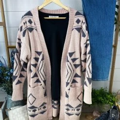 Michelle Mae Cozy Aztec Cardigan - Blush And Charcoal LONG SLEEVES