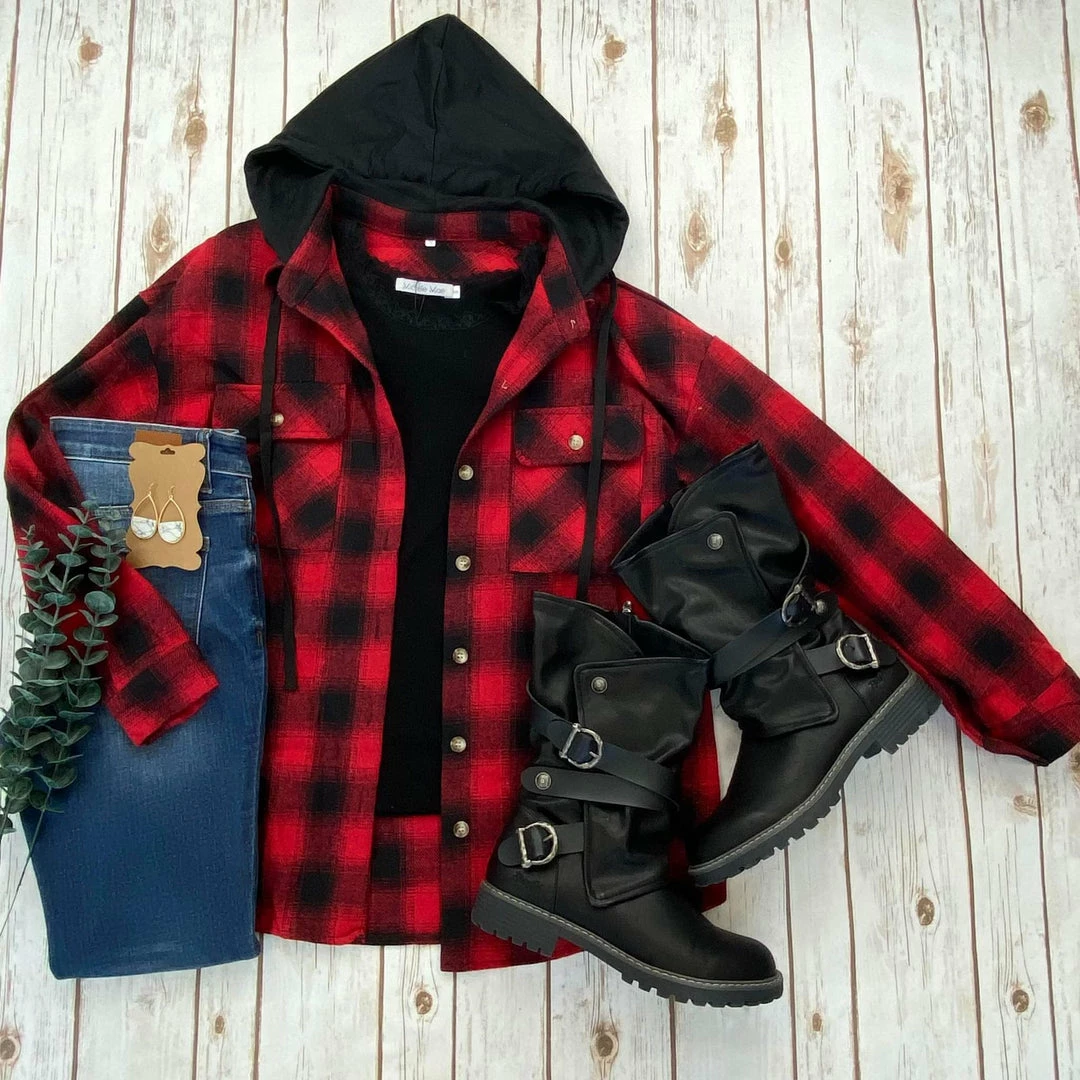 Budget ✨ Michelle Mae LONG SLEEVES Red Plaid Hooded Jacket 🔔 8 Michelle Mae LONG SLEEVES Red Plaid Hooded Jacket