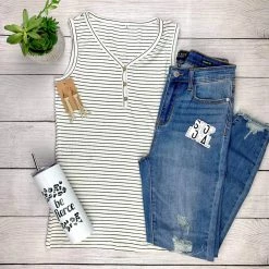 Cheapest ๐ฅ Michelle Mae Addison Henley Tank - Ivory And Black Stripes ๐ 9 Michelle Mae Addison Henley Tank - Ivory And Black Stripes